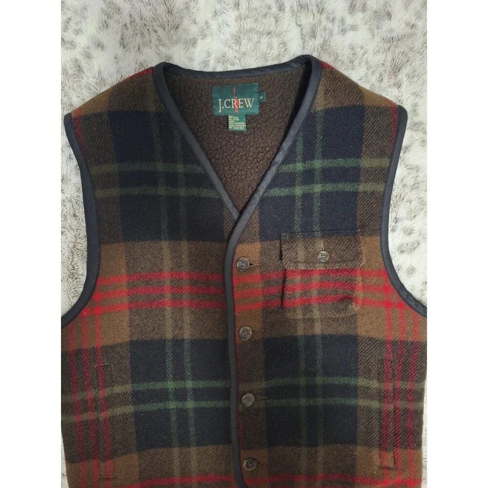 Vintage J Crew Oarsman Vest Mens Small Plaid Wool Blend Sherpa Lined interior
